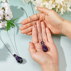 Natural Amethyst Faceted Perfume Bottle Pendant 304 Stainless Steel Cable Chain Necklaces&nbsp;NJEW-WH0002-268B