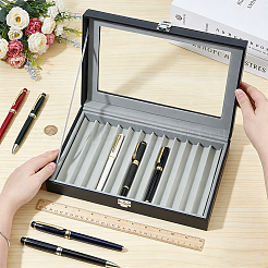 Black PU Leather Pen Organizer Boxes with Clear Glass Visible Window Lid&nbsp;CON-WH0107-129B