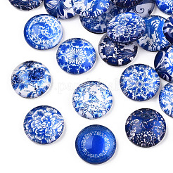 Blue and White Floral Printed Glass Cabochons&nbsp;GGLA-A002-12mm-XX