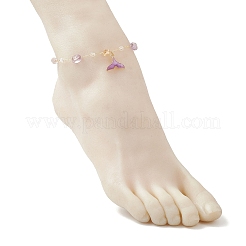 Brass Handmade Natural Amethyst Nuggets Link Chain Alloy Enamel Whale Tail Pendant Anklets for Women&nbsp;AJEW-AN00709-03
