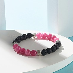 Natural Chalcedony & Natural Lava Rock Round Beads Stretch Bracelet for Her&nbsp;BJEW-JB06920