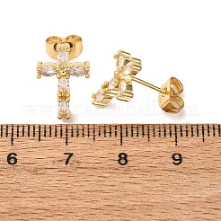 Brass Micro Pave Clear Cubic Zirconia Cross Stud Earrings&nbsp;EJEW-K267-41G