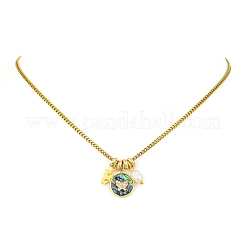 Brass Natural Paua Shell & Pearl Pendant 304 Stainless Steel Curb Chain Necklaces for Women&nbsp;NJEW-JN06258-02