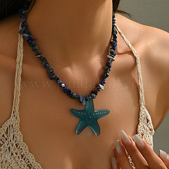 Bohemian Summer Beach Resin Starfish Pendant Natural Sodalite Chip Beaded Necklaces&nbsp;WGA12D3-01