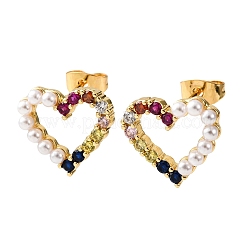Brass Micro Pave Cubic Zirconia Heart Stud Earrings&nbsp;EJEW-K267-32G