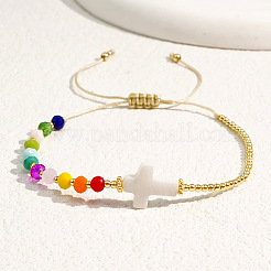 Vintage Bohemian Cross Shell & Mixed Stone Bead Braided Bracelets&nbsp;LJ7242-2