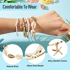 2 Bags Summer Beach Glass Seed Beaded & Natural Shell & Alloy Starfish Charm Anklet Sets&nbsp;AJEW-TA0003-69F