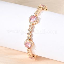 Flat Round Brass Micro Pave Cubic Zirconia Link Chain Bracelets&nbsp;KK-R217-27G