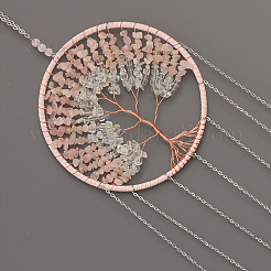 Brass Wire Wrapped Natural Rose Quartz & Quartz Crystal Chips Tree of Life Pendant Decorations&nbsp;HJEW-D302-04