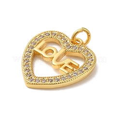Heart with Word Love Rack Plating Brass Micro Pave Clear Cubic Zirconia Pendants&nbsp;KK-K377-57G