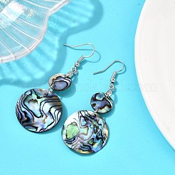 Brass Natural Paua Shell Flat Round Dangle Earrings&nbsp;EJEW-S278-01P