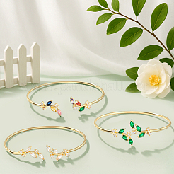 3Pcs 3 Colors Elegant Brass Cubic Zirconia Leaf Cuff Bangles for Women&nbsp;BJEW-GO0003-01G