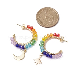 Moon & Star Chakra Faceted Glass Dangle Half Hoop Earrings&nbsp;EJEW-JE05896