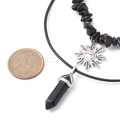 2Pcs 2 Style Natural Obsidian Bullet & Alloy Sun Pendant Necklaces Set&nbsp;NJEW-JN04514-02