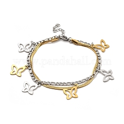 Two Tone 304 Stainless Steel Curb & Flat Snake Chains Double Layer Multi-strand Bracelet with Charms for Women&nbsp;BJEW-C025-03