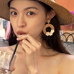 Bohemian Style Raffia & Cloth Dangle Stud Earrings&nbsp;FS-WG07AB6-01