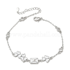 Brass Pave Clear Cubic Zirconia Clover Envelope Link Bracelets&nbsp;KK-CBA6980-18P