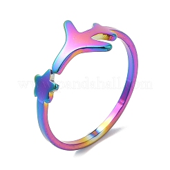 Ion Plating(IP) 304 Stainless Steel Star & Airplane Open Cuff Ring for Women&nbsp;RJEW-M149-12RC
