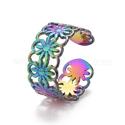 Rainbow Color Ion Plating(IP) 304 Stainless Steel Sunflower Open Cuff Ring for Women&nbsp;RJEW-A005-42MC