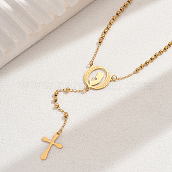 201 Stainless Steel Round Beaded Virgin Cross Tassel Y Rosary Bead Necklaces for Women&nbsp;QR4784