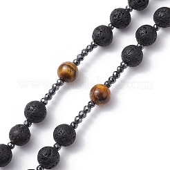Natural Tiger Eye & Lava Rock & Synthetic Hematite Rosary Bead Necklaces&nbsp;NJEW-JN04461-02