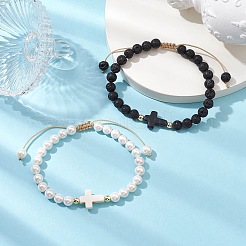 2Pcs 2 Styles 6mm Round Natural Lava Rock & Shell Pearl Braided Bead Bracelets&nbsp;BJEW-JB10322
