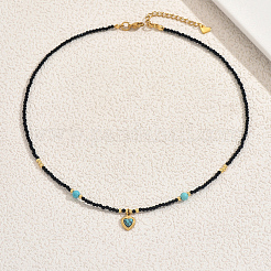 Vintage Stainless Steel Pave Synthetic Turquoise Heart Pendant Glass Faceted Round Beaded Necklaces for Women&nbsp;UN1640