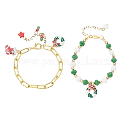 2Pcs 2 Styles Christmas Theme Alloy Enamel Charm Bracelets & Iron Paperclip Chain Bracelets Sets&nbsp;BJEW-JB12443-03