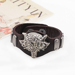 Punk Rock Wolf Alloy Cowhide Cord Studded Bracelets&nbsp;BJEW-P0001-26B