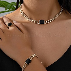 Alloy Enamel Rectangle Chain Necklaces & Link Bracelets & Rings Sets&nbsp;WGBB271-02