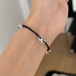 925 Sterling Silver & Natural Obsidian Beaded Bowknot Bracelets for Women, Black