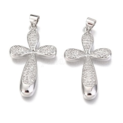Brass Micro Pave Clear Cubic Zirconia Pendants, Cadmium Free & Lead Free, Cross, Platinum, 31x19x3mm, Hole: 3mm
