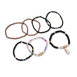 Bohemian Resin & Alloy & Glass Beads & Shell & Plastic Pearls Beaded Stretch Bracelets&nbsp;BJEW-Z169-01E