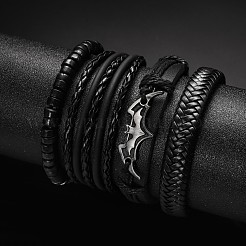 4Pcs 4 Styles Bat Alloy & Wood & Wax Cord & Imitation Leather Braided Bead Bracelets & Stretch Bracelets for Men&nbsp;FS-WG50DFD-01