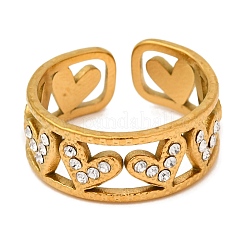304 Stainless Steel Open Cuff Ring with Rhinestone for Women&nbsp;RJEW-Q822-37G-02