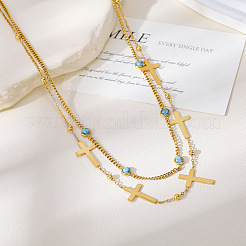 304 Stainless Steel Cross Link Chain Double Layer Necklaces for Women&nbsp;WGC9DBF-01