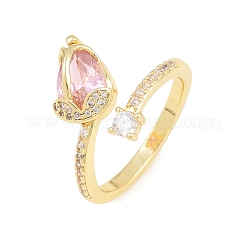 Flower Brass Micro Pave Cubic Zirconia Cuff Open Rings for Women&nbsp;CU-CBA0A21-06A-G
