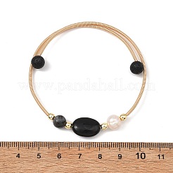 Round & Oval Natural Black Tourmaline & Larvikite & Lava Rock & Cultured Freshwater Pearl & Non-magnetic Synthetic Hematite Beaded Bangles&nbsp;BJEW-JB14079