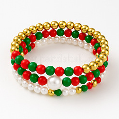3Pcs Saint Patrick's Day Brass & Resin & Imitation Pearl Round Beads Stretch Bracelets for Women Men&nbsp;DU8017