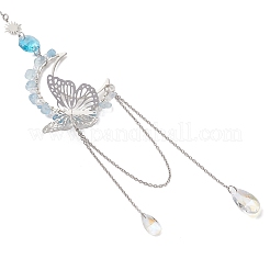Natural Aquamarine Chips & Brass Moon & 304 Stainless Steel Butterfly Suncatcher&nbsp;HJEW-TA00449-02