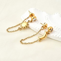 Moon & Sun 304 Stainless Steel Micro Pave Clear Cubic Zirconia Tassel Stud Earrings&nbsp;EJEW-B140-04G