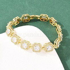 Square Brass Micro Pave Clear Cubic Zirconia and Glass Link Chain Bracelets&nbsp;BJEW-T025-04G-03