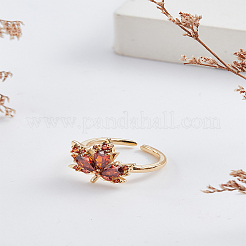 1Pc Brown Glass Maple Leaf Open Cuff Ring with Cubic Zirconia&nbsp;RJEW-LP0001-14
