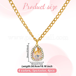 4Pcs 4 Colors Brass Rhinestone Teardrop Pendant Aluminum Chain Necklaces for Women&nbsp;NJEW-HY0001-33