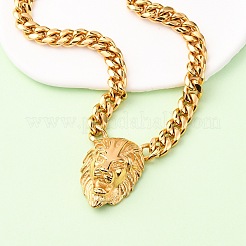 304 Stainless Steel Lion Head Pendant Cuban Link Chain Necklaces&nbsp;NJEW-C099-05G