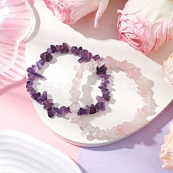 2Pcs 2 Style Natural Rose Quartz & Amethyst Chips Beaded Stretch Bracelets Set&nbsp;BJEW-JB11088