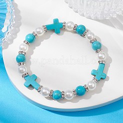 Synthetic Turquoise Cross & ABS Plastic Pearl Beaded Stretch Bracelet&nbsp;BJEW-JB09766