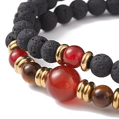 2Pcs 2 Style Synthetic Lava Rock & Natural Red Agate Carnelian(Dyed & Heated) & Tiger Eye Beaded Stretch Bracelets Set&nbsp;BJEW-JB08698