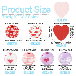 80Pcs 8 Styles Valentine's Day Printed Wood Beads&nbsp;WOOD-TA0003-01