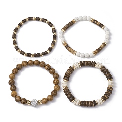 4Pcs 4 Style Dyed Natural Lava Rock Round & Coconut Disc Beaded Stretch Bracelets Set&nbsp;BJEW-JB09809